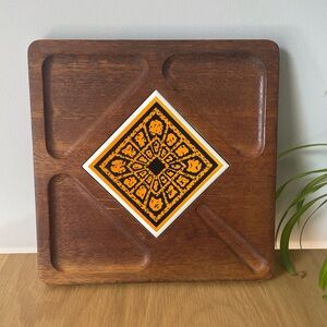 Vintage Mid-Century Square Wooden Serving Board Tray with Orange Tile Accent